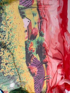 Floral Landscape Chiffon Scarf in Yellow, Pink & Red